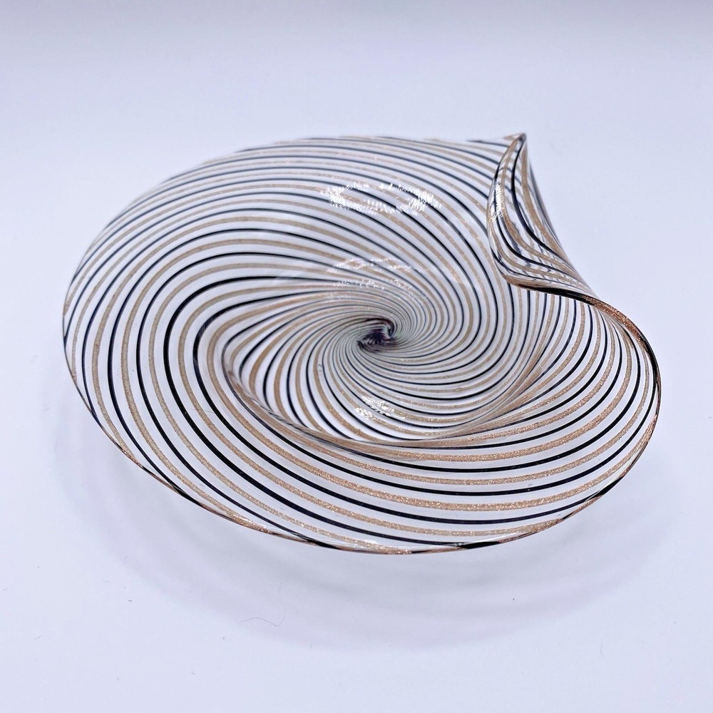 Murano Glass Handkerchief Bowl Gold Black Swirl Dino Martens Aureliano Toso